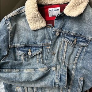 Old Navy Blue Denim Jacket with Red Plaid Lining and Sherpa collar